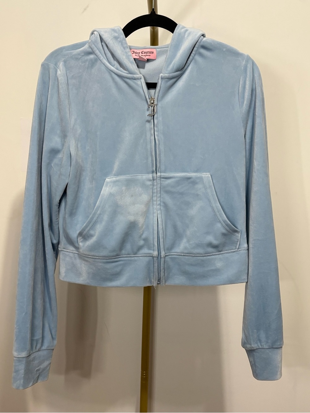 Juicy Couture Velour Hoodie M Baby Blue Bejeweled Juicy Back Logo Y2K Zip Up
